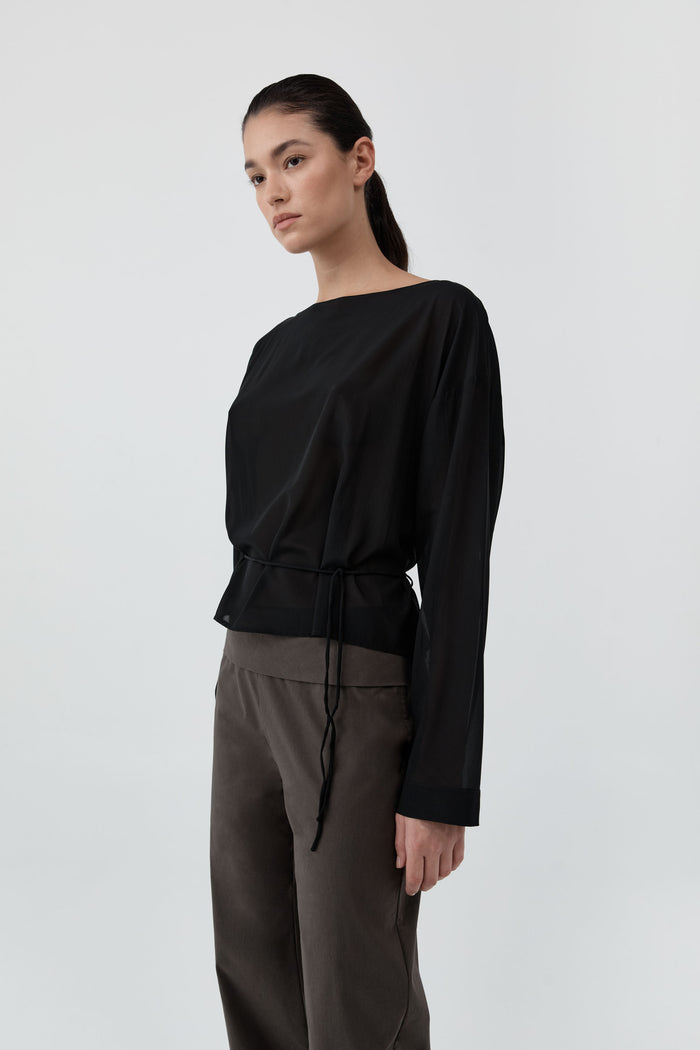 Stretch Silk Bateau Top - Black