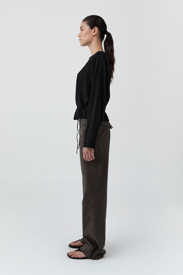 Stretch Silk Bateau Top - Black