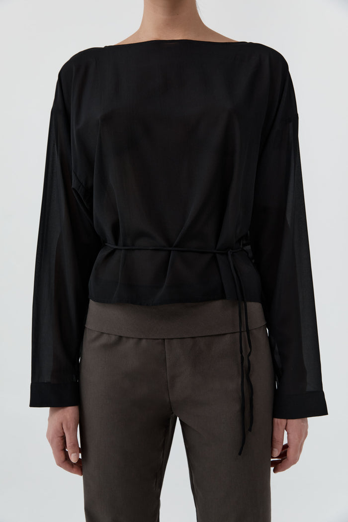 Stretch Silk Bateau Top - Black
