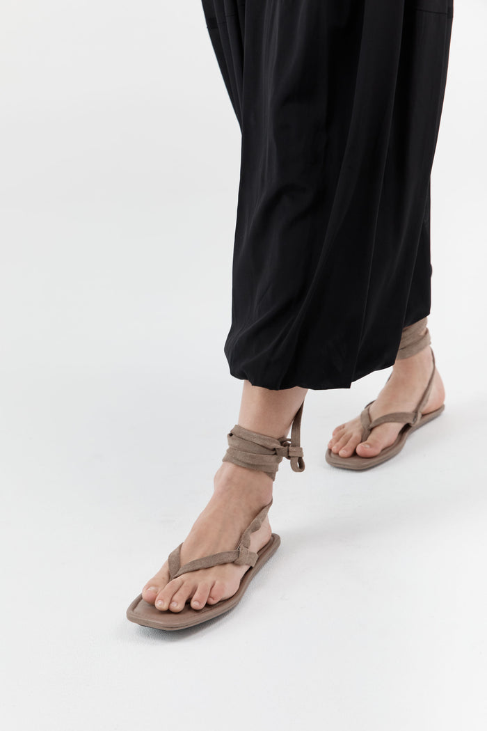 Suede Tie Up Sandal - Almond