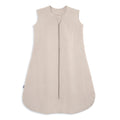 The HALO SuperSoft Bamboo Wearable Blanket TOG 1.5 is a beige, sleeveless baby sleep sack made from soft bamboo, featuring a 2-way zipper from neckline to bottom, shown on a white background.