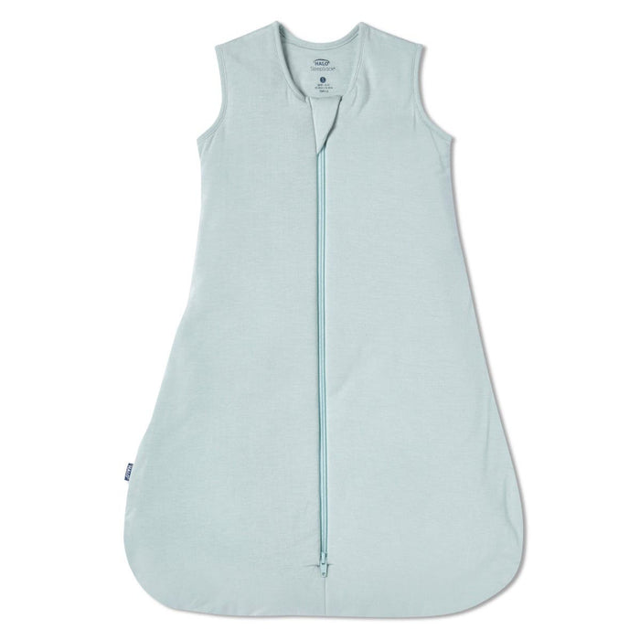 The HALO SuperSoft Bamboo Wearable Blanket TOG 1.5 is a sleeveless, light blue baby sleep sack with a front zipper from collar to bottom and a gently flared, rounded hem.