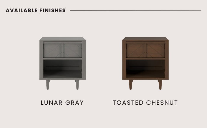 Displayed side by side under "Available Finishes" are the Child Craft Surrey Hill Nightstand in Lunar Gray and a dark brown Toasted Chesnut finish.