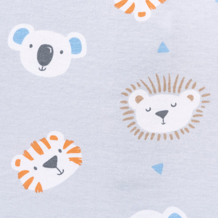 Light blue fabric with cartoon faces of a koala, tiger, and hedgehog, along with small blue triangles scattered around as accents. The animal faces are cheerful and stylized in a playful, child-friendly design.