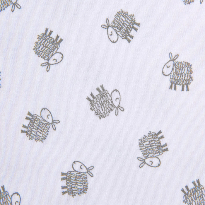 White 100% cotton fabric with a repeating pattern of simple, hand-drawn gray sheep—ideal for the HALO Swaddle 100% Cotton TOG 1.5 to help soothe your baby to sleep.