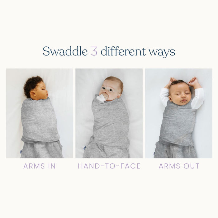 Three babies wear gray HALO Eric Carle The Very Hungry Caterpillar 100% Cotton Swaddle TOG 1.5 blankets, each showing a different swaddling method—arms in, hand-to-face, and arms out—under the heading “Swaddle 3 different ways.”.