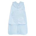 The HALO Swaddle 100% Organic Cotton TOG 1.5 in light blue features a bottom zipper and adjustable Velcro wings to keep infants cozy and secure.