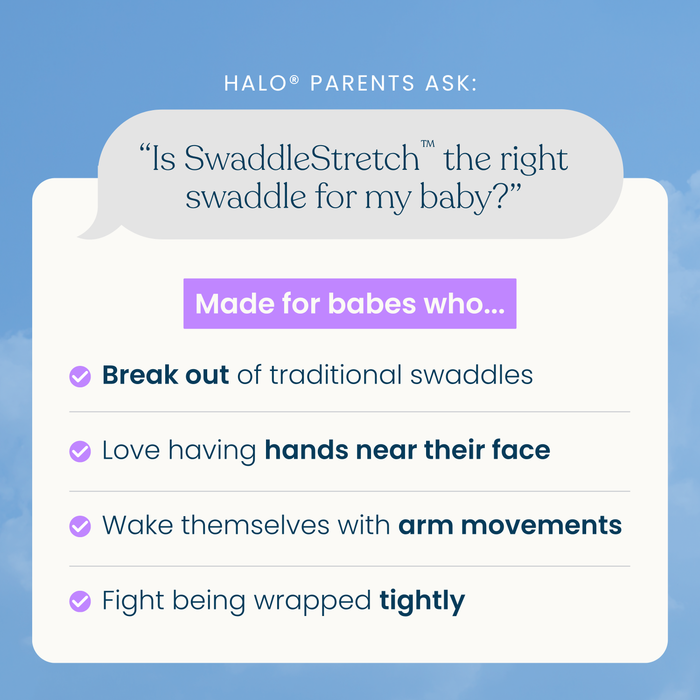 Certainly! Here’s a rewritten version of your sentence, incorporating the provided product data: A graphic asks if the HALO SwaddleStretch™ Newborn Swaddle TOG 0.5 is suitable for babies and lists reasons such as breaking out of swaddles, preferring hands near their face, waking due to arm movements, or resisting tight wrapping. Set against a blue background, the visual emphasizes how this HALO sleep sack offers a hip-healthy alternative to traditional swaddling methods like the original HALO SleepSack