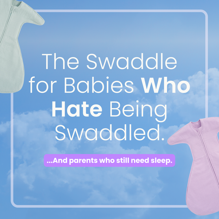 Two baby swaddles, one green and one pink, frame text that reads: The Swaddle for Babies Who Hate Being Swaddled. ...And parents who still need sleep. Featuring the HALO SwaddleStretch™ Newborn Swaddle TOG 0.5—a hip-healthy sleep sack designed for comfort and peace of mind. A blue sky with clouds sets the background.