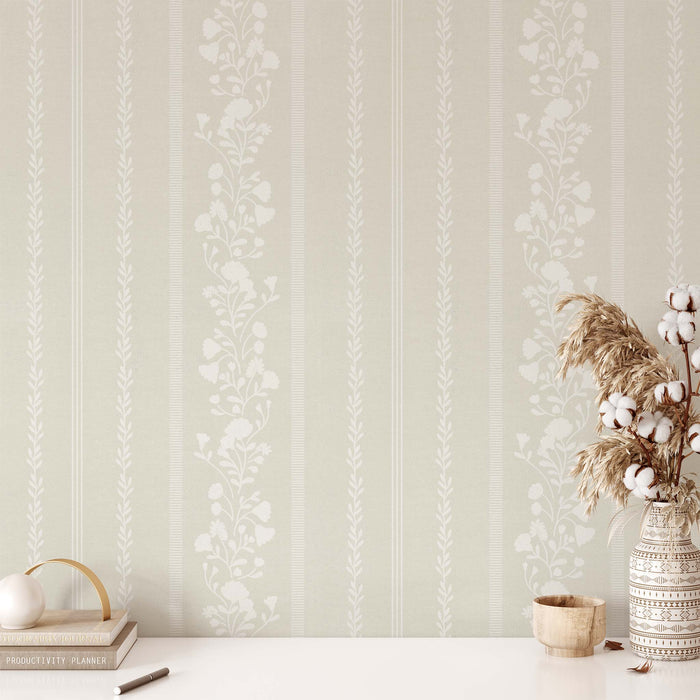 Sweet Floral Stripe Wallpaper in Cream behind a shelf