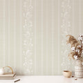 Sweet Floral Stripe Wallpaper in Cream behind a shelf