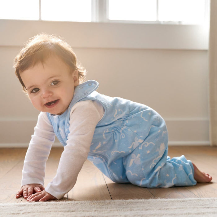 A baby in a blue and white outfit crawls on a wooden floor, beaming as soft light filters through the window. This cozy scene sets the tone for bedtime using the HALO Toddler 100% Cotton TOG 0.5 SleepSack with adjustable features.