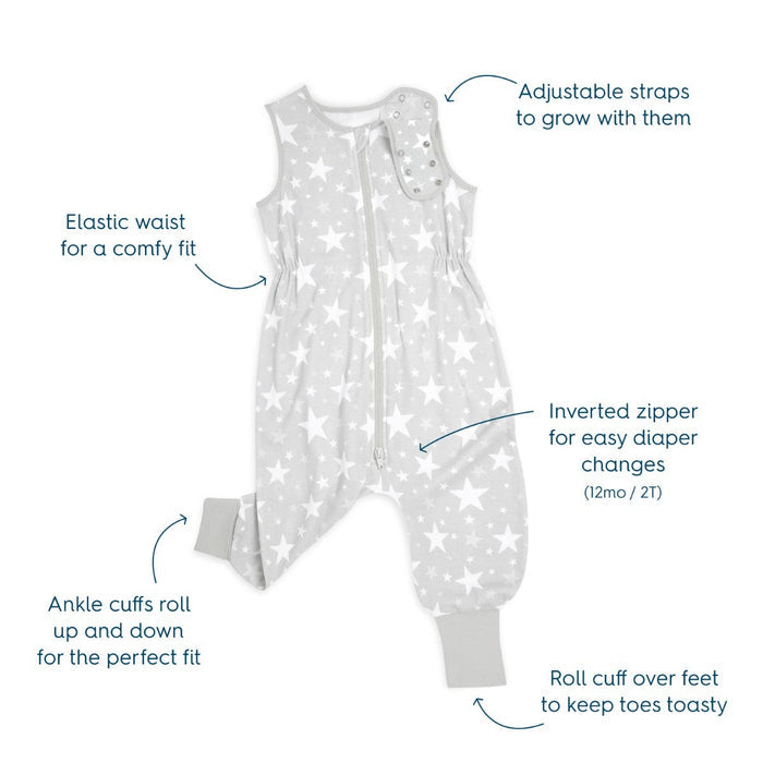 The HALO Toddler 100% Cotton TOG 0.5 SleepSack in gray with white stars features adjustable straps, an inverted zipper, an elastic waist, and ankle cuffs for growth and warmth—ideal for your toddlers comfort.