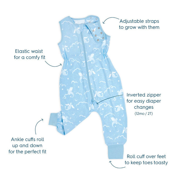 The HALO Toddler 100% Cotton TOG 0.5 romper, in light blue with a white cloud pattern, features an elastic waist, adjustable straps, an inverted zipper for easy diaper changes, and roll cuffs at ankles and feet for comfort—perfect for bedtime convenience.