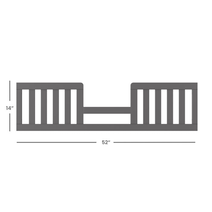 The Child Craft Toddler Guard Rail in Cool Gray features vertical slats, measures 14" high by 52" long, and has a center section lower than the equally tall sides. Dimension lines mark its measurements.