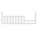 The Child Craft Toddler Guard Rail in White/Brown features vertical slats and an uneven top edge, easily attaching to a toddler bed or crib conversion to add extra safety for your child.