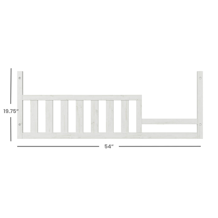 Child Craft Toddler Guard Rail in white/brown, perfect for converting a crib to a toddler bed, measures 54"L x 19.75"H. Shown on a plain background with black lines and numbers indicating dimensions.
