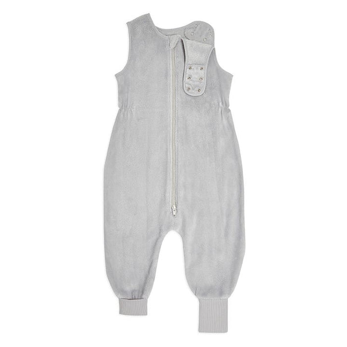 The HALO Toddler Luxe Fleece TOG 2.0 ensures safer sleep with its soft, gray design, featuring sleeveless style, ribbed cuffs, a front zipper, and an adjustable snap-button closure on one shoulder for convenience.
