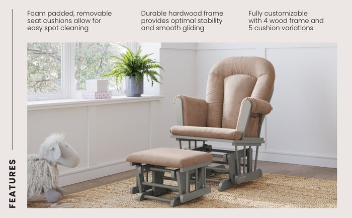 A Child Craft Tranquil Nursery Glider Cushion sits by a window in a bright room, with a plush sheep and potted plant nearby. Text highlights the baby rocking chair’s features and customizability.