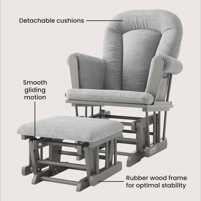 The Child Craft Tranquil Nursery Glider Cushion offers smooth gliding, a sturdy rubber wood frame, detachable cushions, and comes with a matching ottoman—making it the perfect gray rocking chair for your baby's nursery.