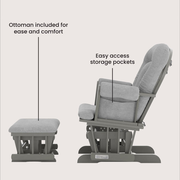 The Child Craft Tranquil Nursery Glider Cushion features soft gray cushions, a sturdy wooden frame, an included ottoman for comfort, and handy storage pockets—ideal as a baby rocking chair for your nursery.