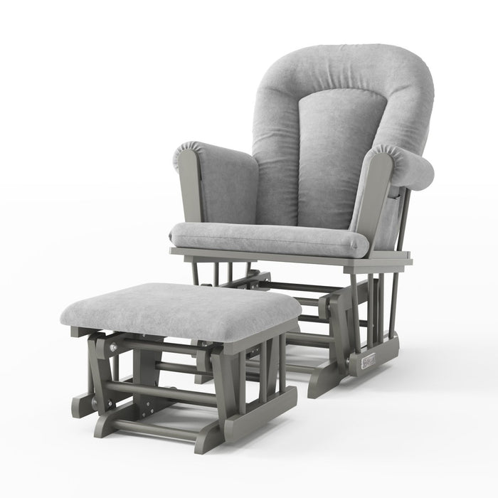 The Child Craft Tranquil Nursery Glider Cushion features plush gray upholstery and padded armrests atop a sturdy wood frame, offering ultimate comfort—ideal for use as a baby rocking chair in any nursery or cozy living room.
