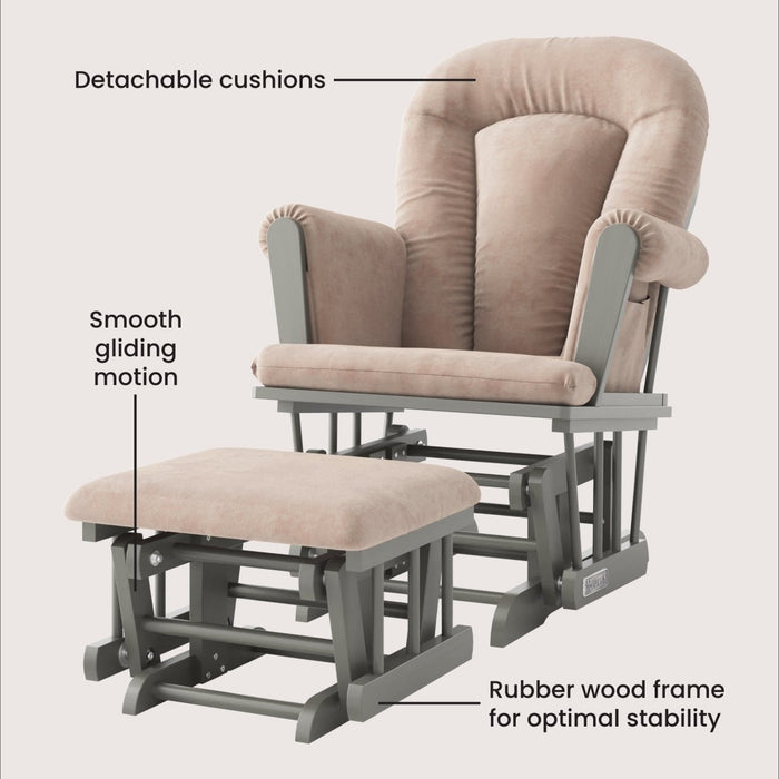 The Child Craft Tranquil Nursery Glider Cushion in light pink features detachable cushions, sturdy rubber wood frames, and a smooth gliding motion. A matching ottoman is included. Text labels highlight these features.