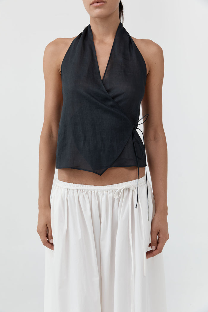 Transparent Wrap Halter Top - Black
