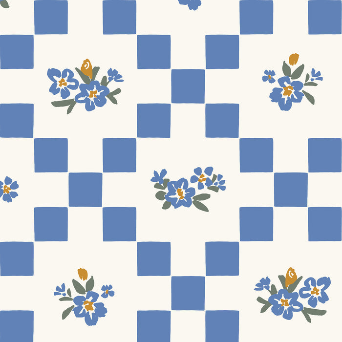 Vintage Bloom Mosaic Wallpaper in Summer Blue shown close up.
