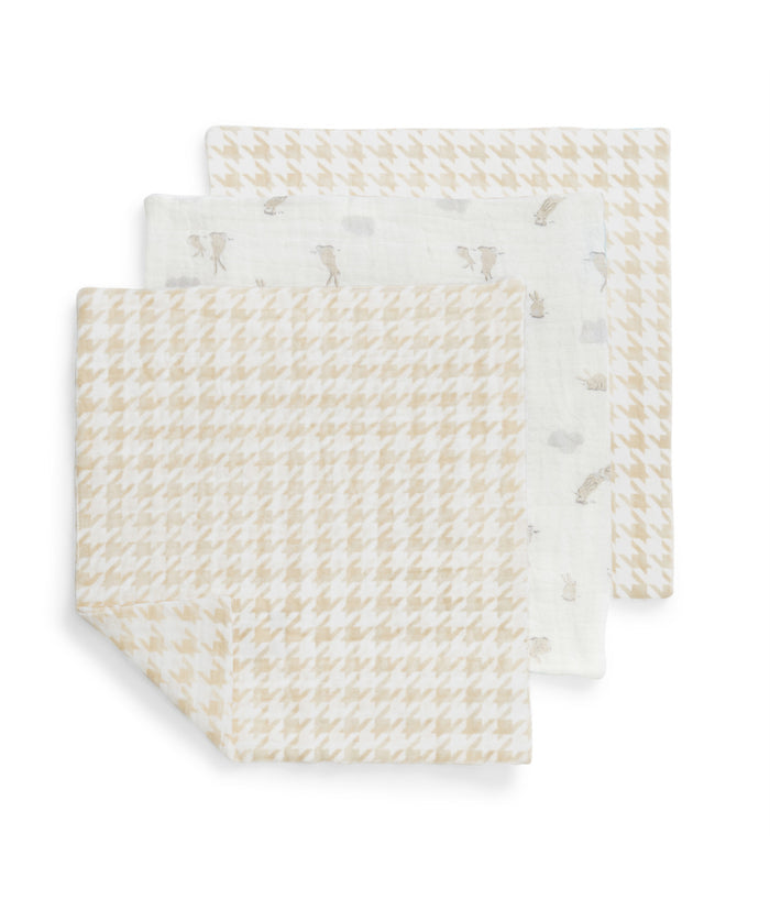 Wash Cloth 3 Pack Muslin White Mini Cloud Bunnies