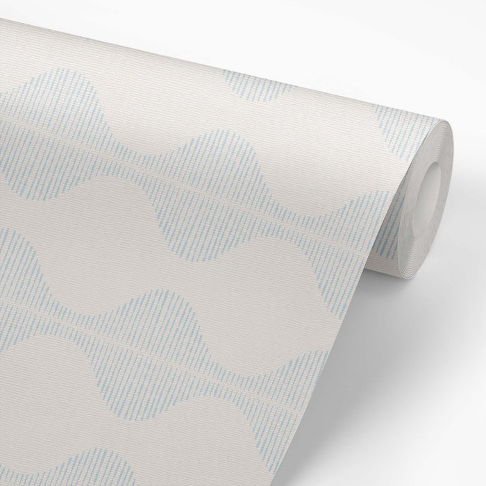 Bring a wave of modern beauty to any room with this stunning Wavy Line Art Wallpaper! The subtle pale blue on cream design is completely gorgeous and sure to make a statement in any space.
