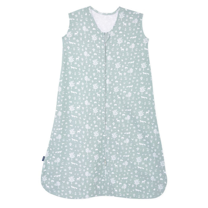 The HALO Wearable Blanket 100% Cotton TOG 0.5 is sleeveless and has a front zipper. In soft green with a white floral and animal pattern, it ensures safe sleep for your little one.