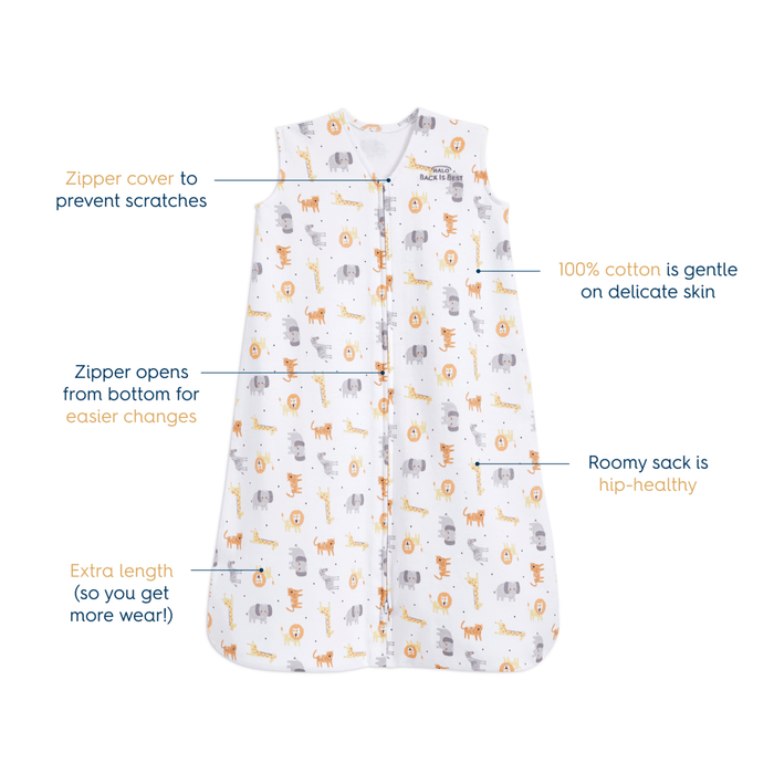 The HALO Wearable Blanket 100% Cotton TOG 0.5 is a sleeveless baby sleeping sack with cute animal prints and a front zipper, promoting safe sleep. Its breathable cotton has text annotations highlighting benefits: zipper cover, bottom-opening zipper, extra length, and a roomy sack for hip health.