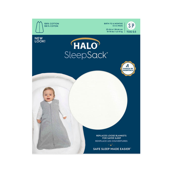 The HALO Wearable Blanket 100% Cotton TOG 0.5 in size small, ideal for newborns up to six months, features an infant cozily wrapped, highlighting safety and comfort for restful nights.