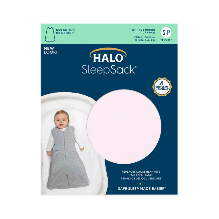 The HALO packaging features a baby in the Wearable Blanket 100% Cotton TOG 0.5, which promotes safer sleep by replacing loose blankets. Ideal for infants aged 0-6 months, this gray blanket is made from soft cotton.