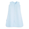 The HALO Wearable Blanket 100% Organic Cotton TOG 0.5 is a light blue, sleeveless baby sleep sack with a front zipper, shown on a white background, designed to promote safe sleep as a wearable blanket.