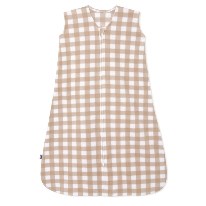The HALO Wearable Blanket Micro-Fleece TOG 1.0 is a sleeveless, beige and white checkered sleep sack with a front zipper from neckline to bottom, designed for infants or toddlers to ensure safe sleep.