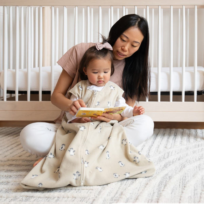 A woman sits on the floor in front of a crib, reading to a young girl wearing the HALO Fall/Winter SleepSack Wearable Blanket Bundle as they both focus on the book.