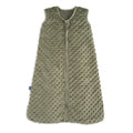 The HALO Wearable Blanket Plushy Dot Velboa TOG 1.5 in olive green features a textured, dimpled fabric, sleeveless design, front zipper from neck to bottom, and a small left-side tag for safe baby sleep.