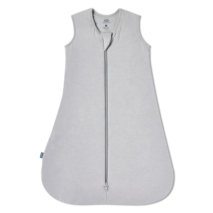 The HALO Wearable Blanket SuperSoft Bamboo TOG 1.5 is a light gray, sleeveless sleep sack with a 2-way zipper. Its luxurious bamboo fabric keeps babies warm and maintains a simple, minimalist style.