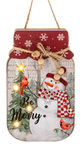 Wooden Light Up Snowman Mason Jar Plaque- Be Merry
