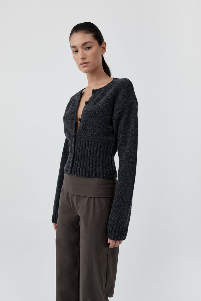 Wool Cardigan - Dark Charcoal Melange