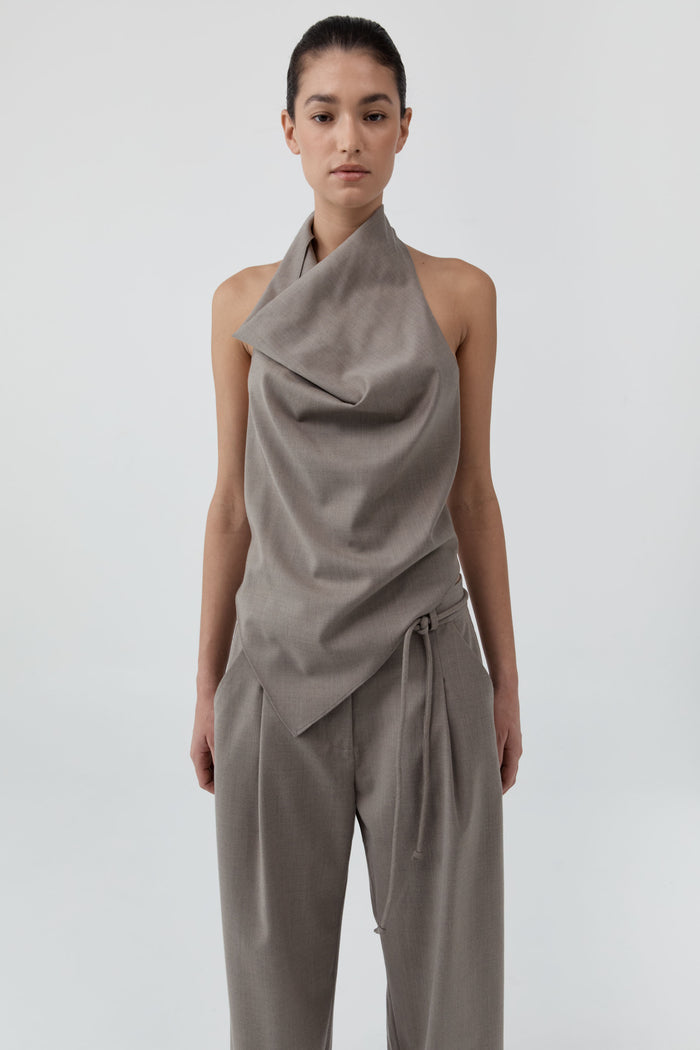Wool Cowl Backless Top - Light Taupe