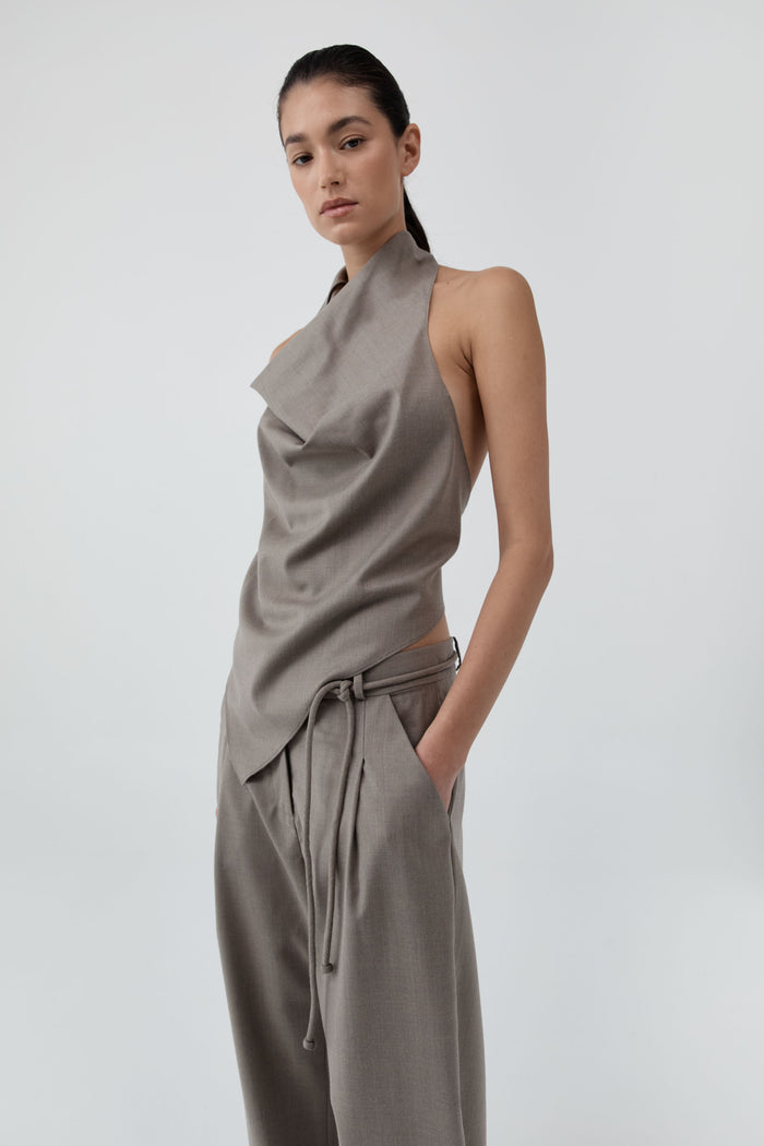 Wool Cowl Backless Top - Light Taupe